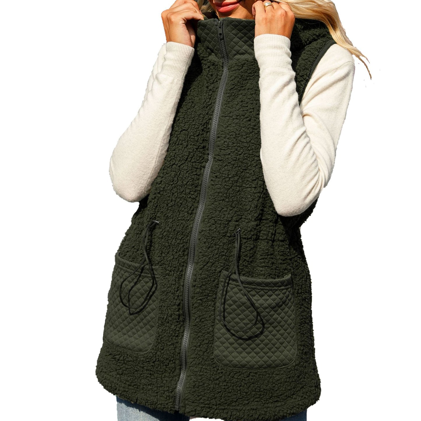 Women's Shiny Veet Autumn Hooded Sleeveless Zipper Mid-length Solid Color Vests