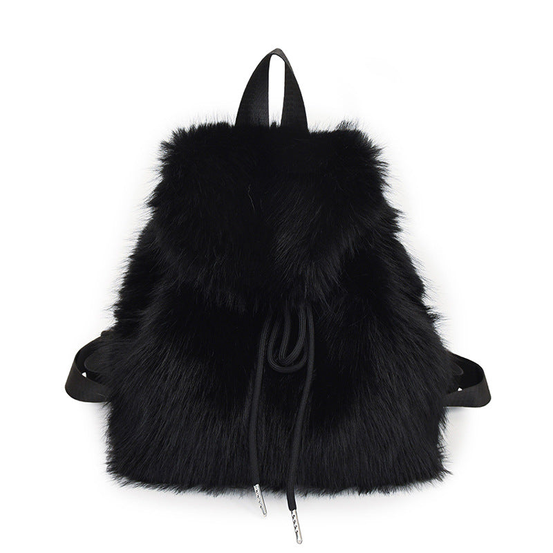 Women's Faux Fox Plush Fashion Drawstring Flip Backpacks