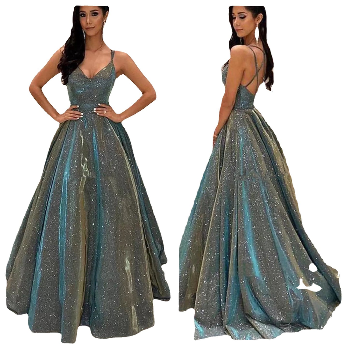 Shiny Long Large Hem A- Line Dresses