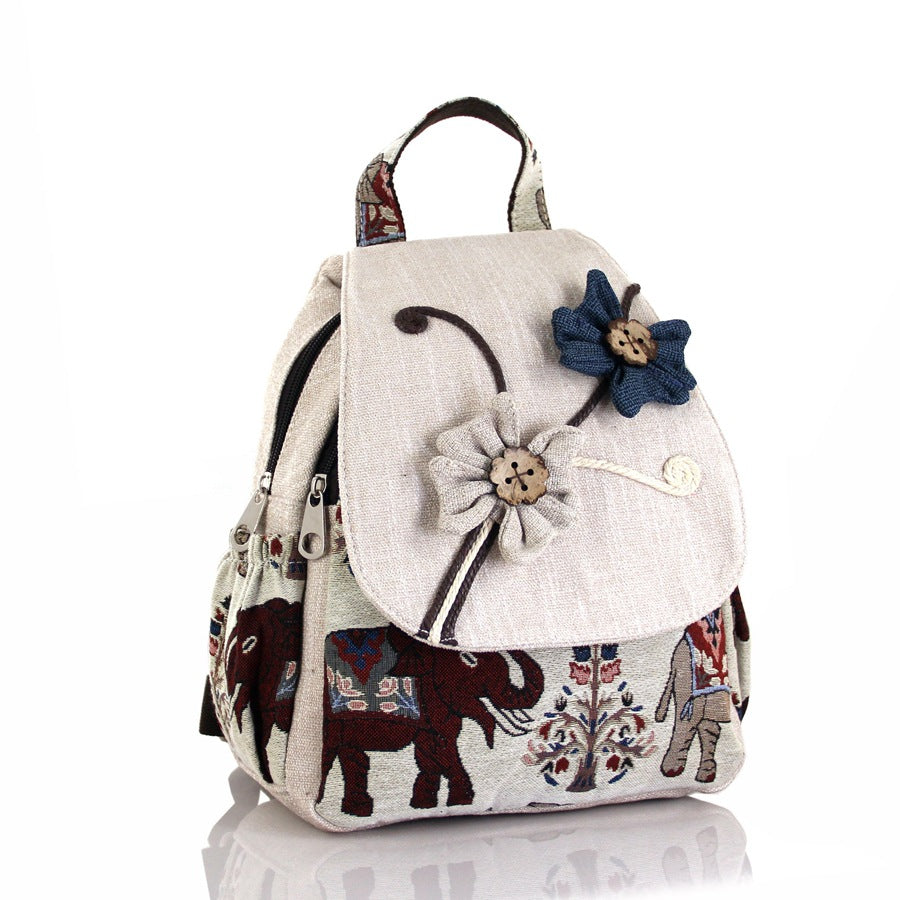 Women's Flower Woven Double Layer Zipper Cotton Backpacks