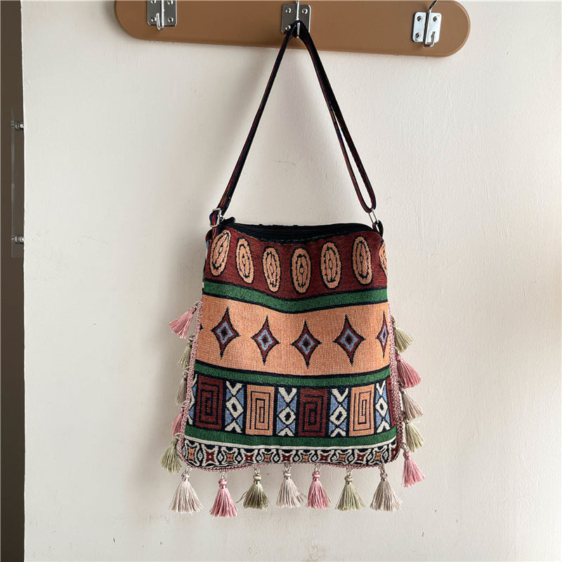 Women's Ethnic Print Tassel Autumn Large Capacity Bags