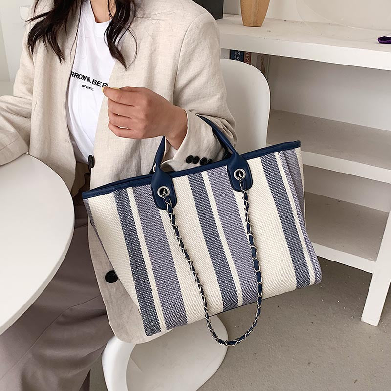 Women's Korean Style Large Capacity Striped Chain Shoulder Bags