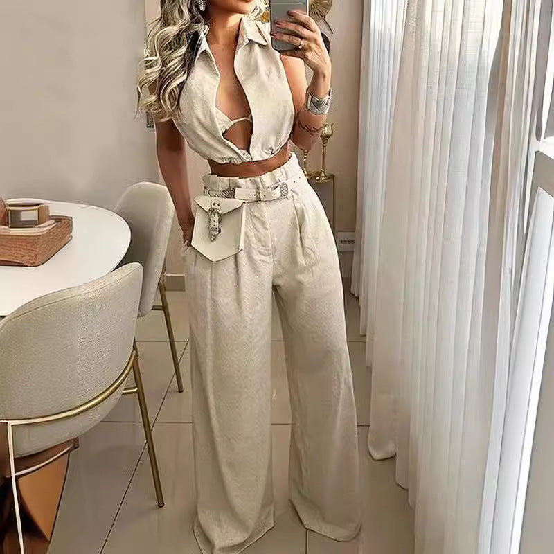 Slouchy Durable Sleeveless Two-piece Collar Tether Fashion Casual Suit