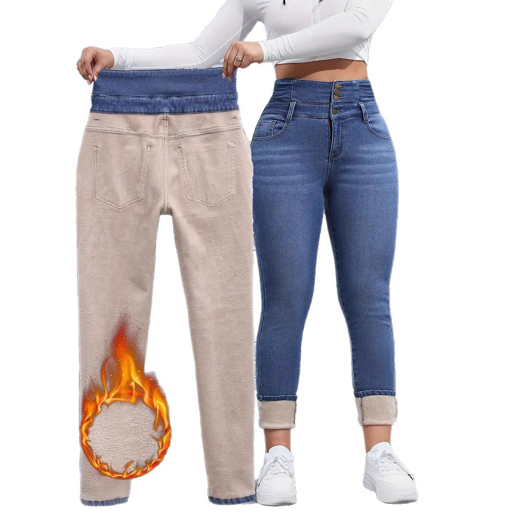 Women's Fleece-lined Elastic Skinny Blue Washed Slim Jeans