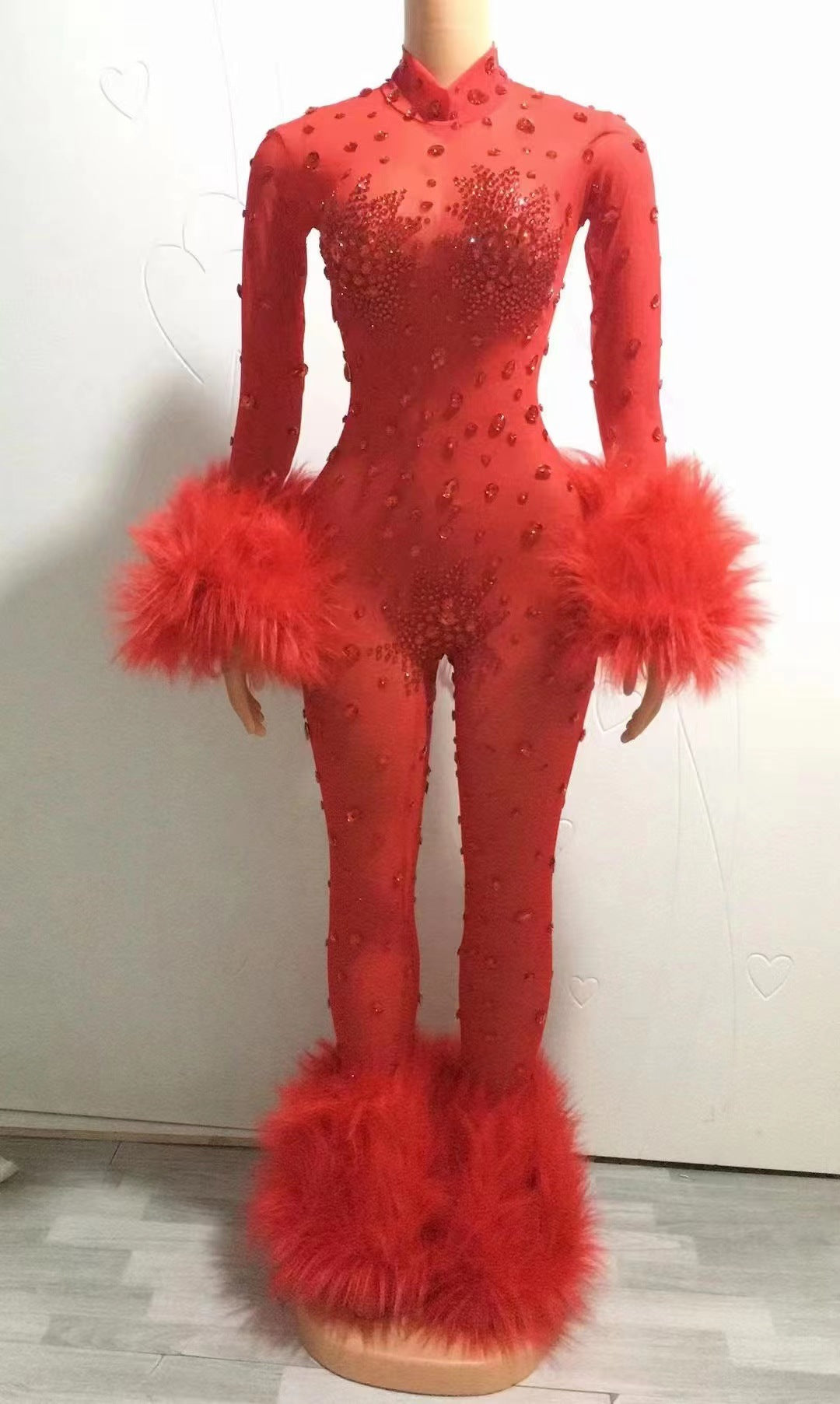 Sexy Rhinestones Transparent Mesh Feather Tight Nightclub Jumpsuits