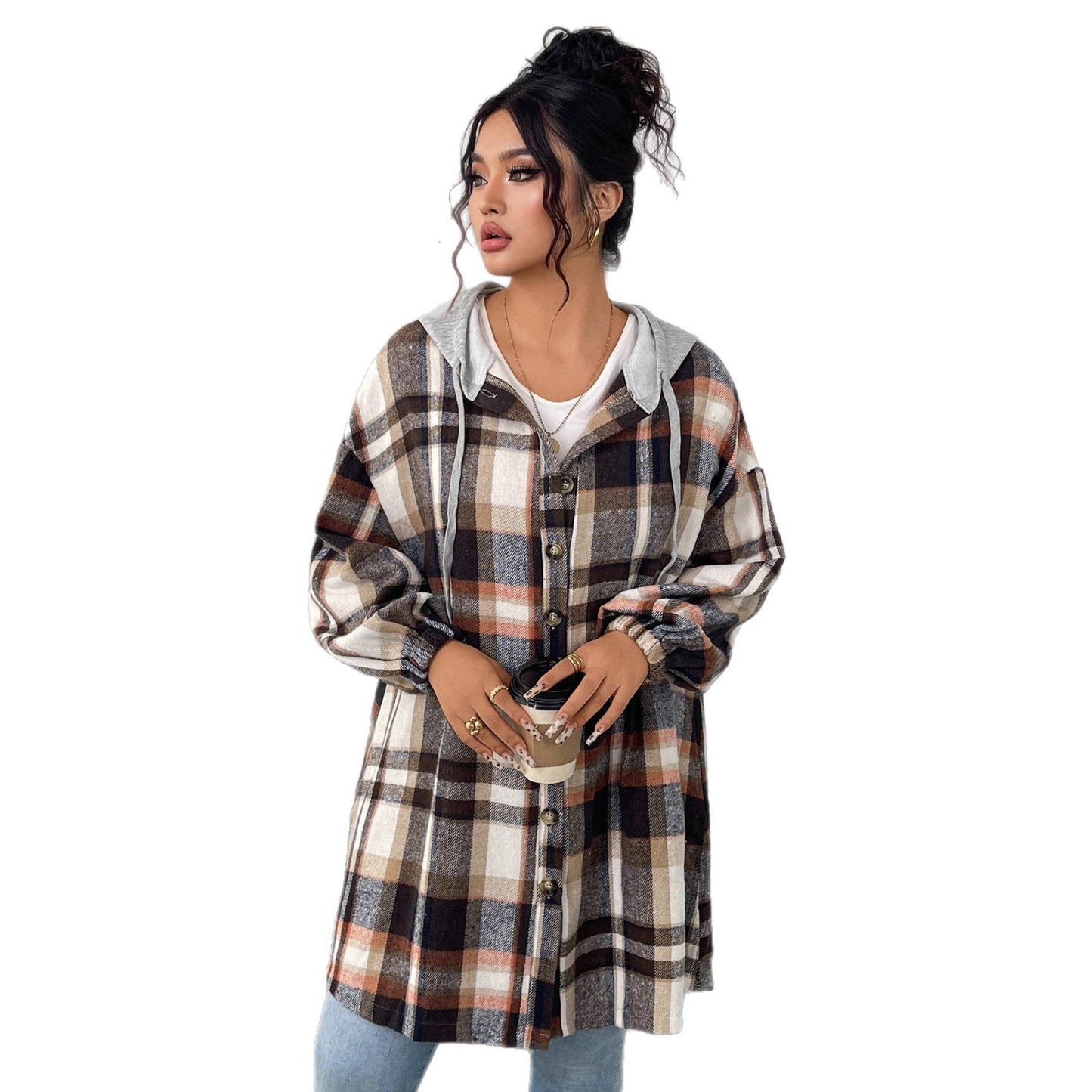 Plaid Versatile Loose Artistic Retro Hooded Coats
