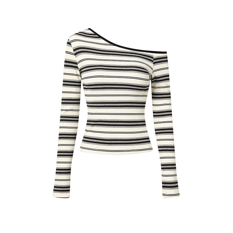 Women's Korean Style Beige Stripes Long Sleeve Shirt Sloping Exposed Shoulder Women's T-shirt
