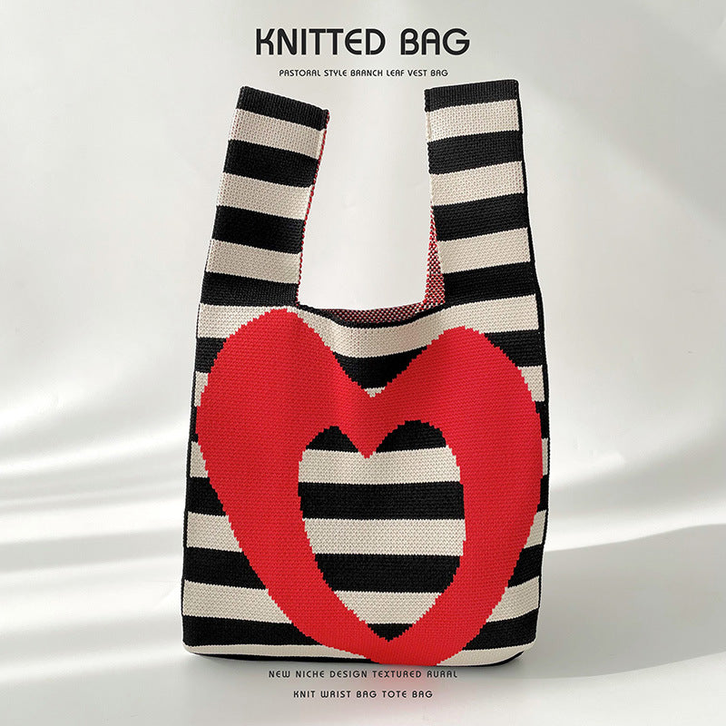 Design Striped Heart Knitted Versatile Large Shoulder Bags