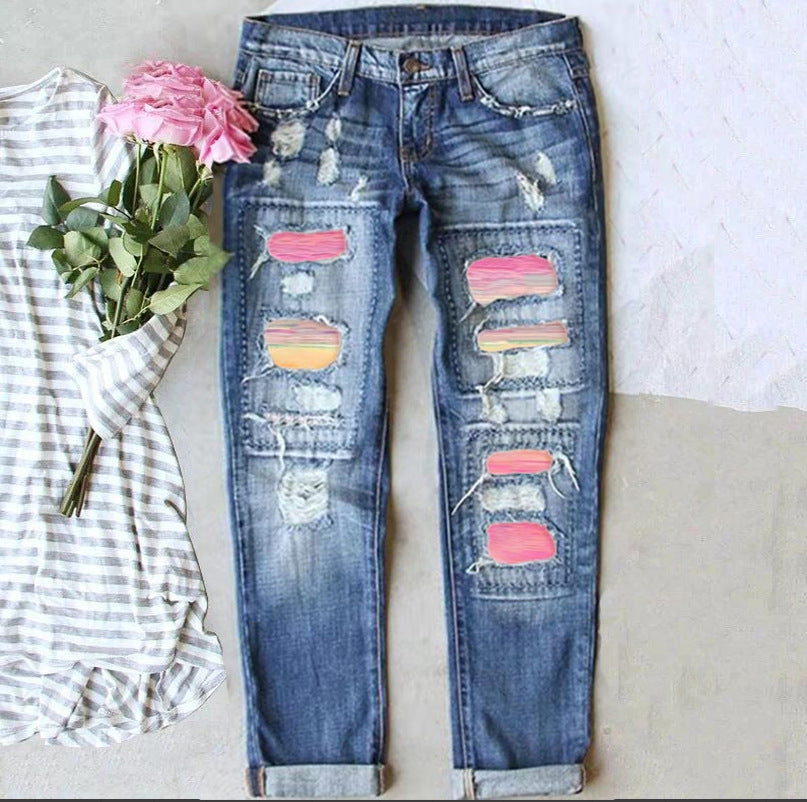 Leopard Ripped Printed Casual Loose Washed-out Jeans