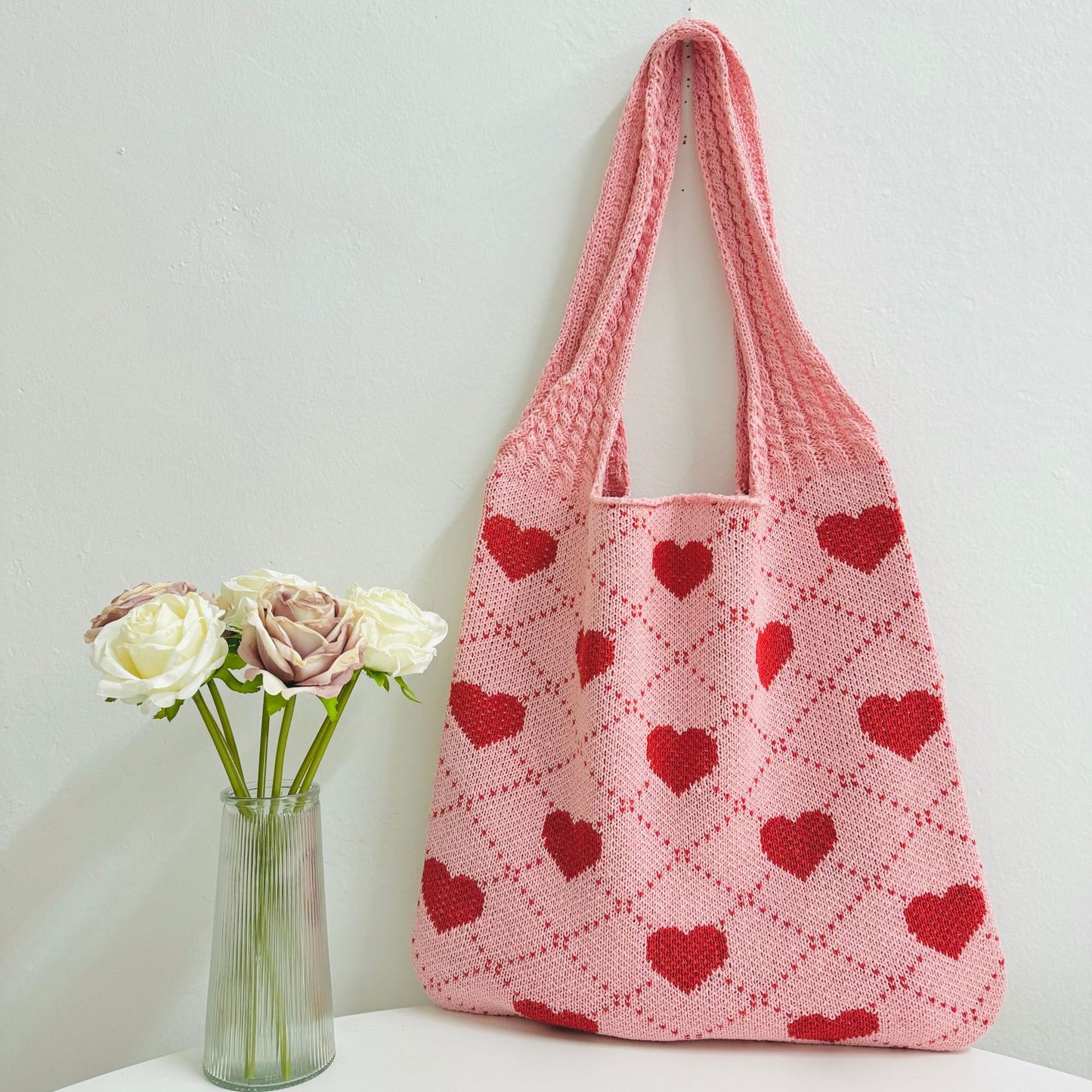 Women's Shopping Knitted Love Pattern Woven Shoulder Bags