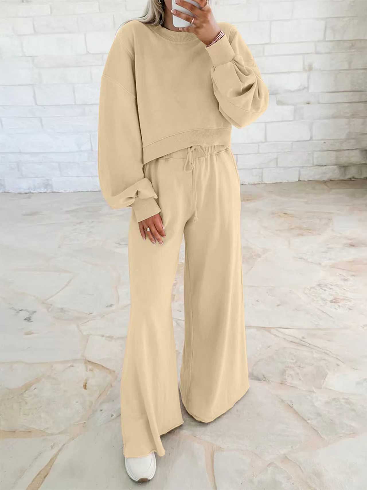 Women's Drop Shoulder Puff Sleeve Pullover Sweatshirt Suits