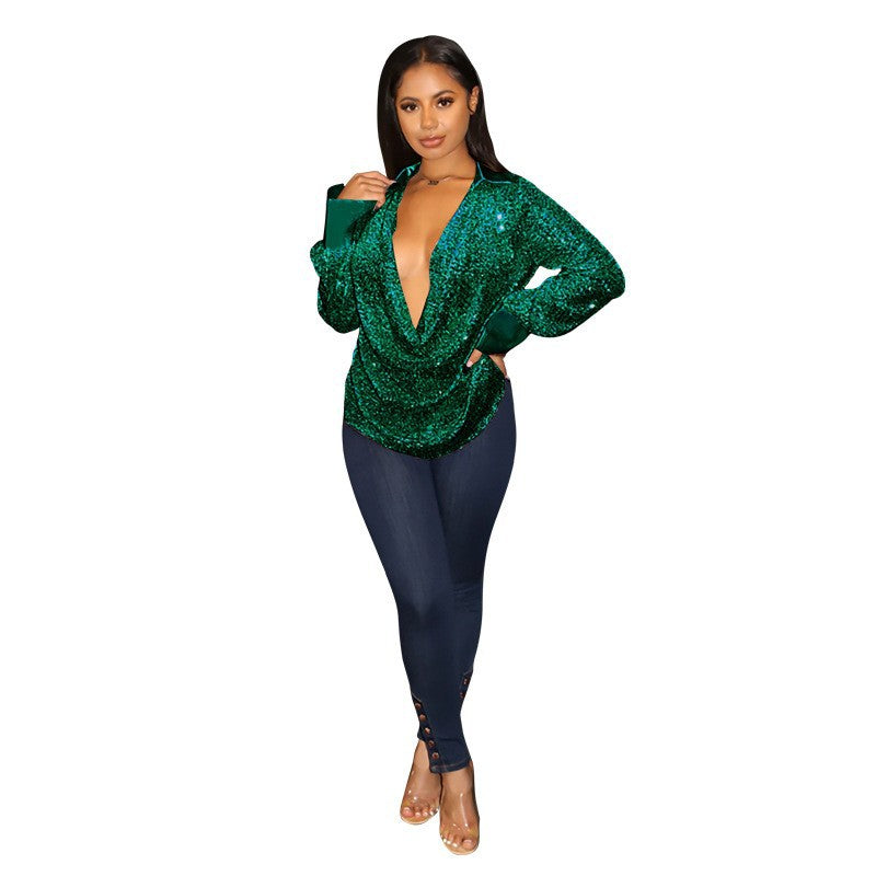 Women's Sequined Pleated Shirt Loose Casual Long Blouses