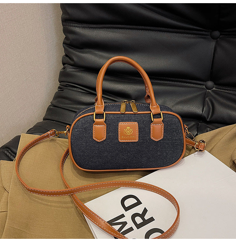 Women's Retro Denim Portable Bowling Contrast Color Handbags