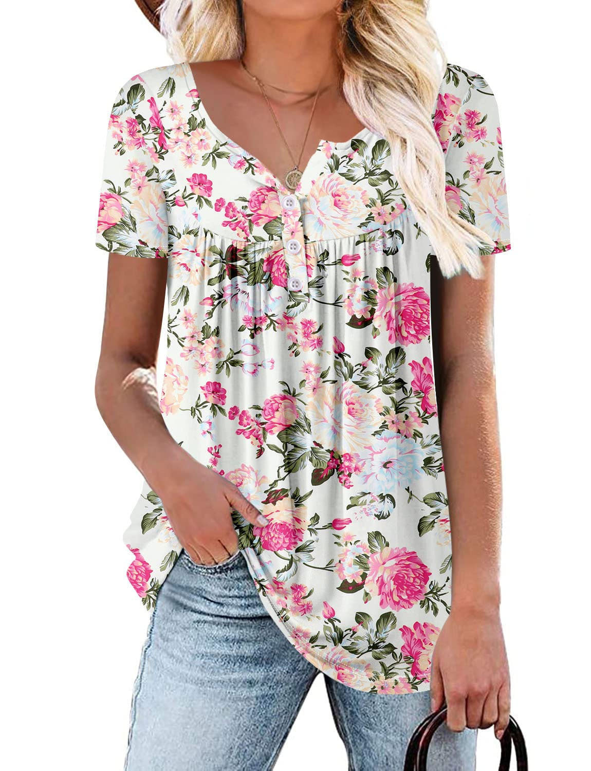 Women's Summer Fashion Button Flower Printed Short-sleeved Tops