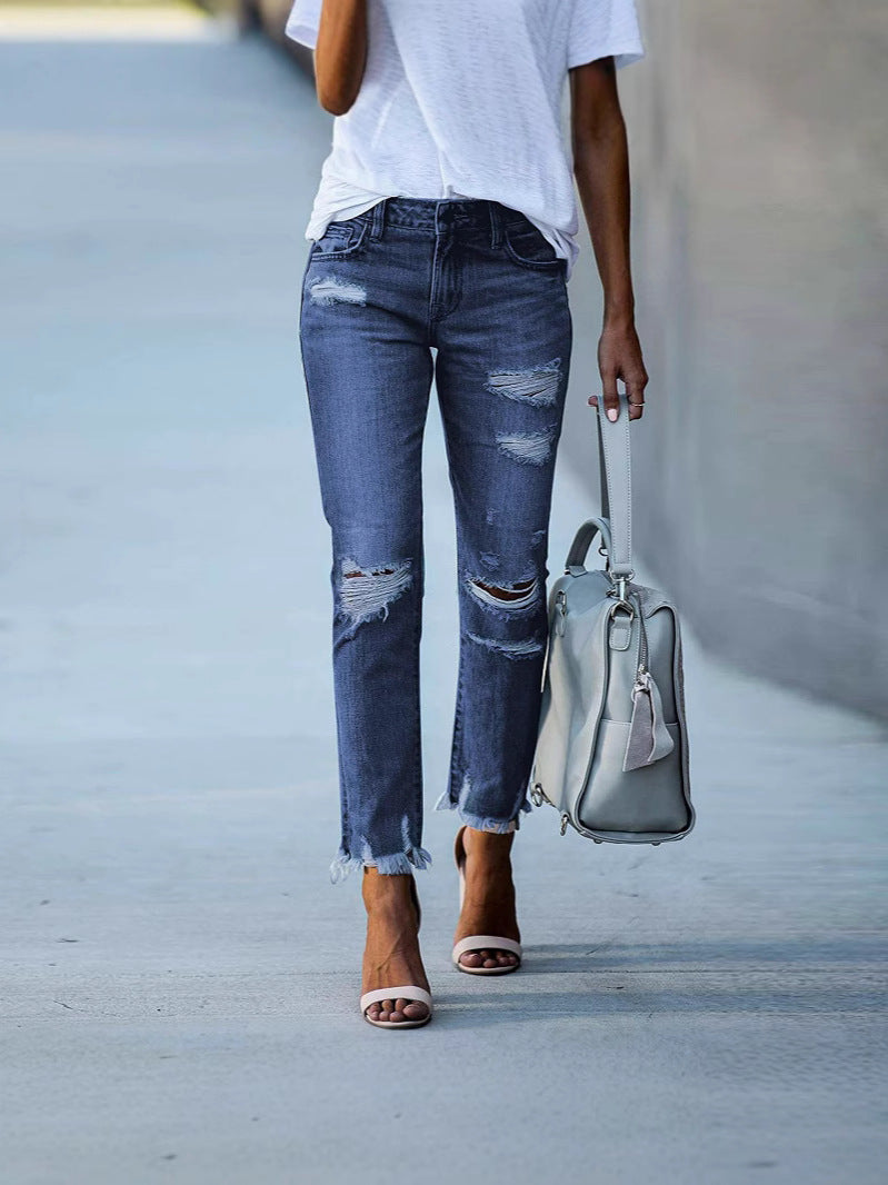 Glamorous Women's Solid Color Ripped Straight Jeans