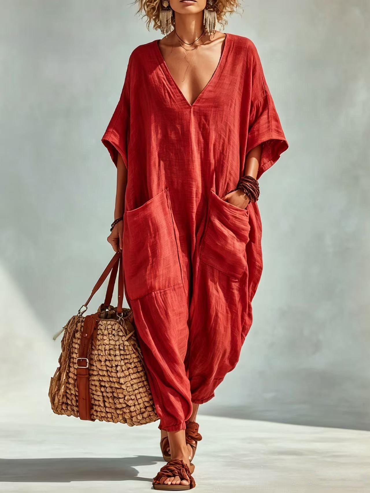 Women's Cotton Linen Loose Large Pocket Bloomers Beach Jumpsuits