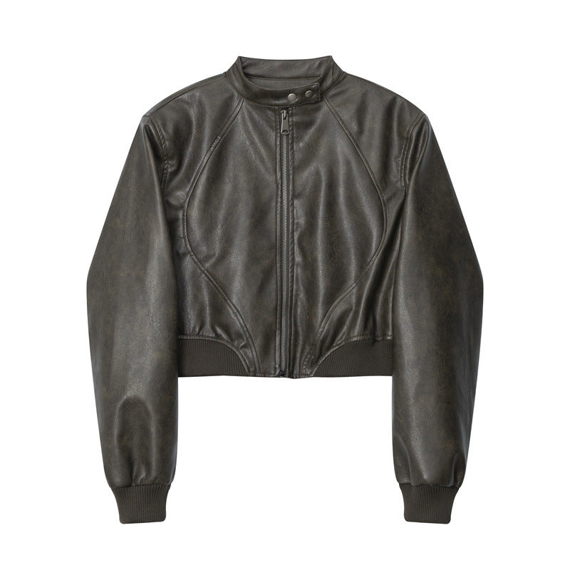Women's Fashion Stand Collar Long Sleeve Leather Jackets
