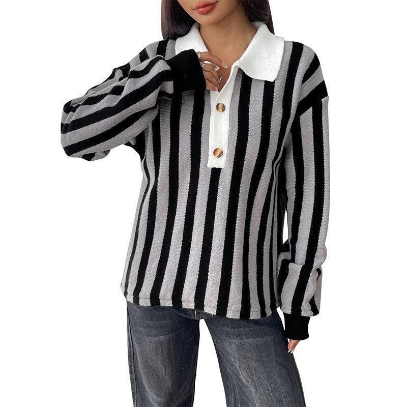 Women's Unisex Style Vertical Striped Lapel Knitted Sweaters