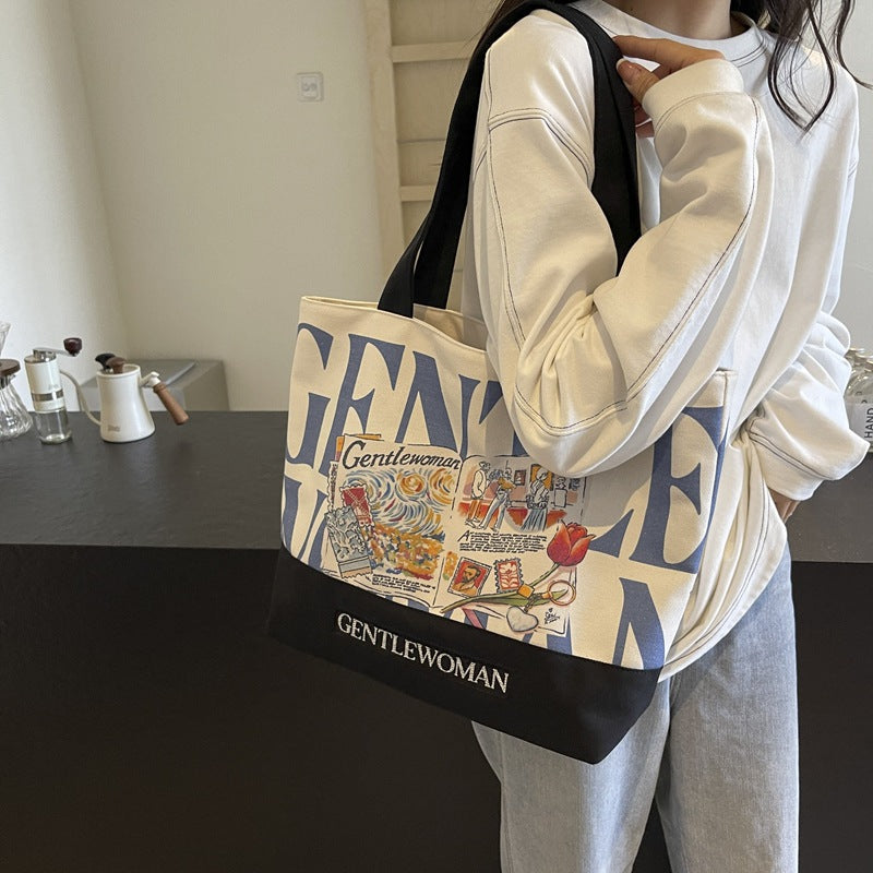 Women's Canvas Commuter Stitching Letter Large Capacity Shoulder Bags