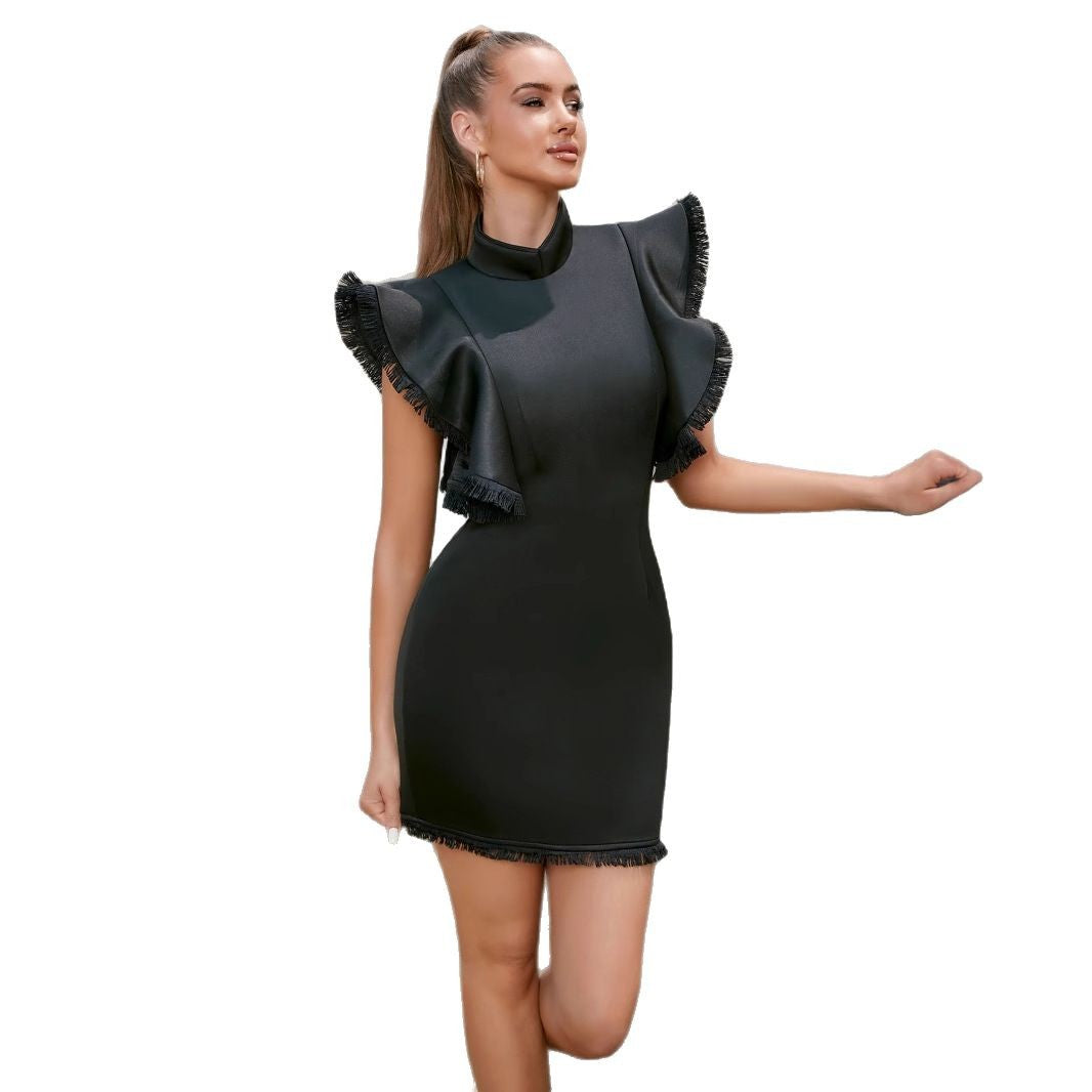 Women's Black Flying Sleeves Design Fashion Elegant Sleeve Dress