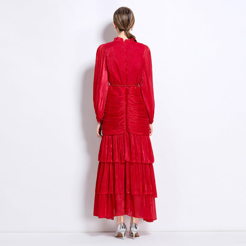High-grade Streamer Wooden Ear Long-sleeved Dress Female Summer Waist Dresses