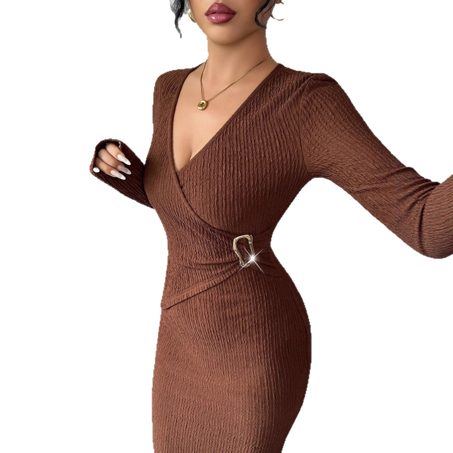 Women's Collar Knitted Texture Solid Color Slim Dresses