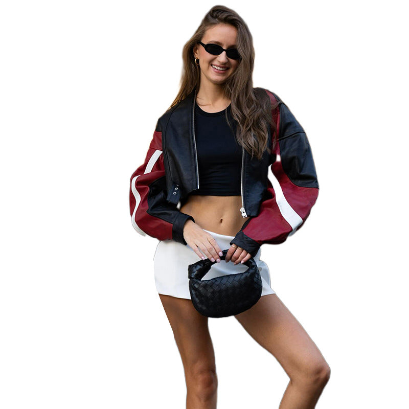 Women's Motorcycle Contrast Color Slim Fit Round Jackets