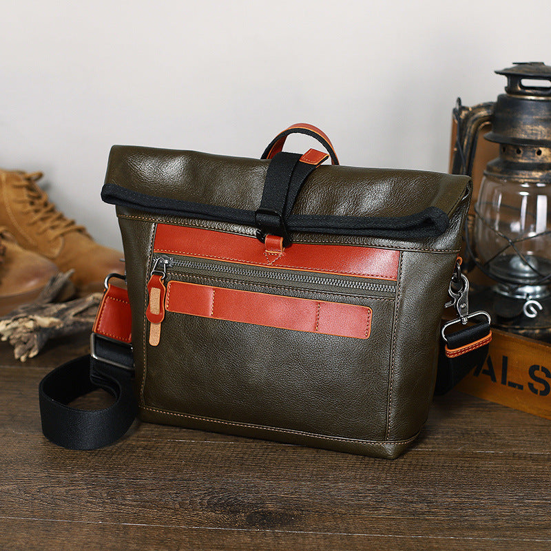 Men's Blue Leather Solid Color First Layer Bags