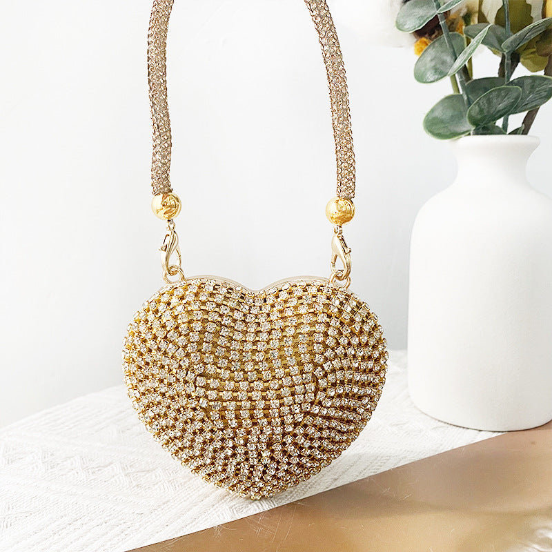 Peach Heart Chain Diamond Glass Stone Evening Bags