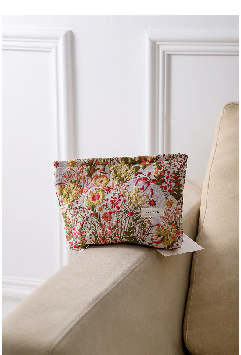 Linen Plant Embroidery Hand-held Portable Canvas Cosmetic Bags