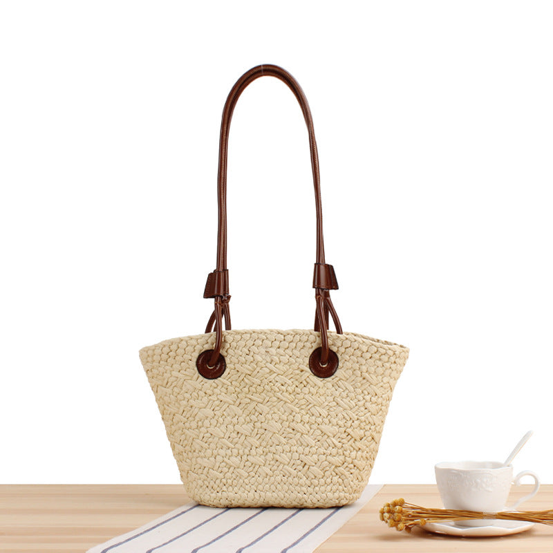 Solid Color Woven Contrast Large Capacity Tote Bags