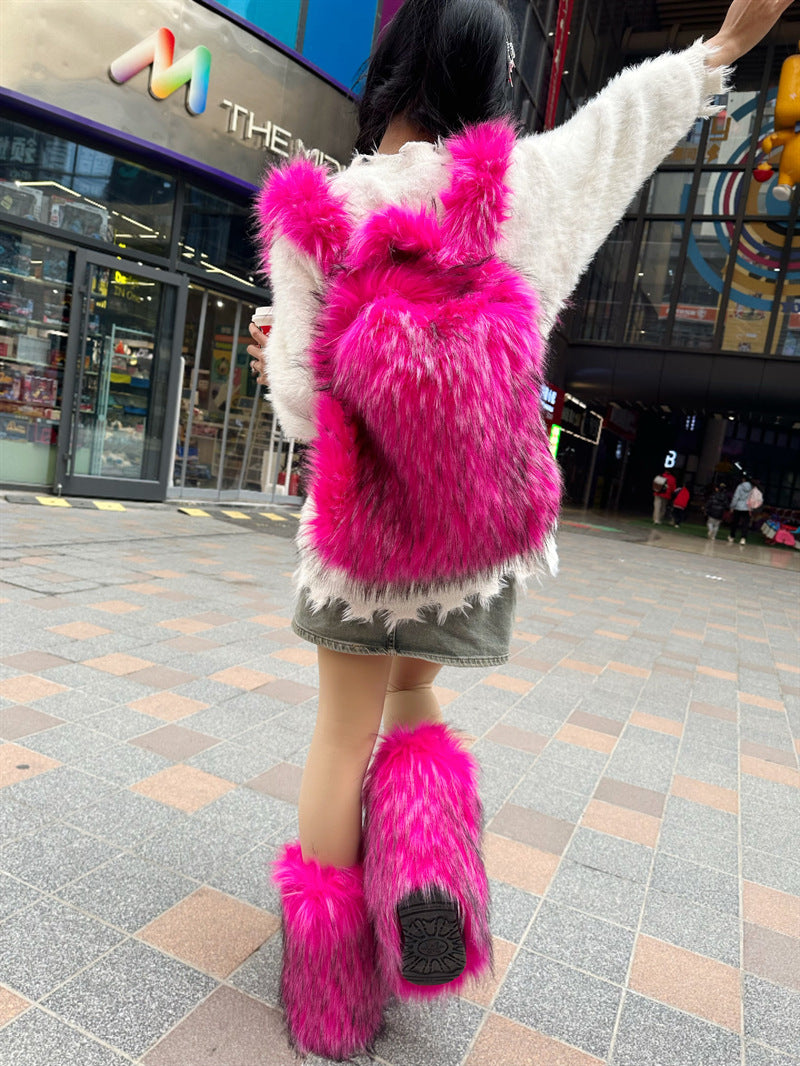 Popular Slouchy Fur Female Versatile Plush Backpacks