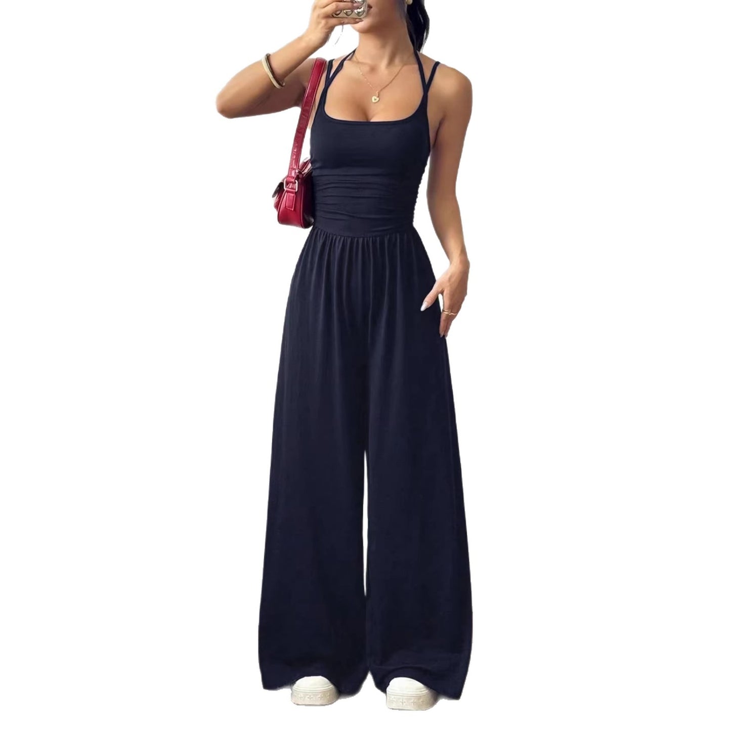 Women's Solid Color Fashion Casual Suspender Wide Leg Loose Women's Jumpsuit/clothing