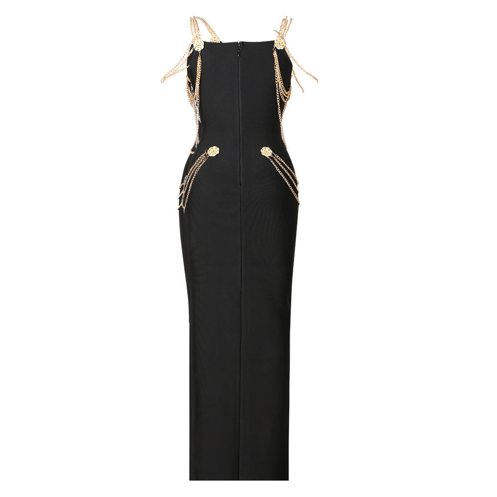 Metal Chain Alloy Button Black Camisole Dresses