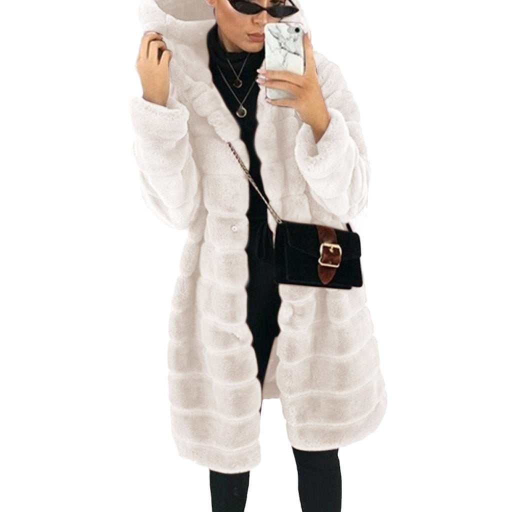Women's Korean Style Fashion Suede Mid-length Hooded Imitated Coats
