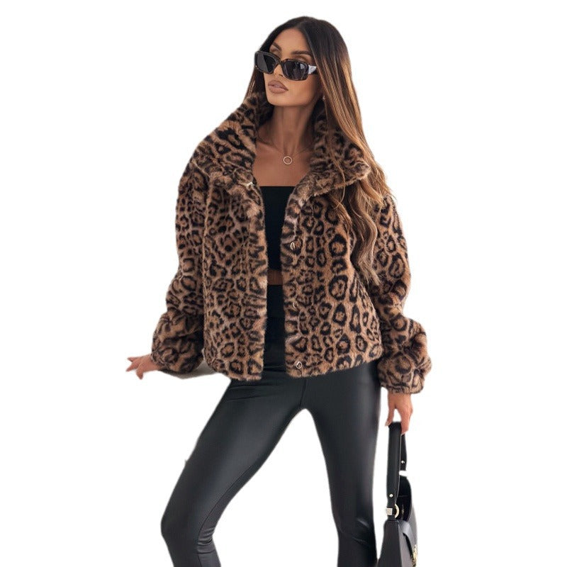 Women's Fashion Leopard Print Long Sleeve Furry Coats