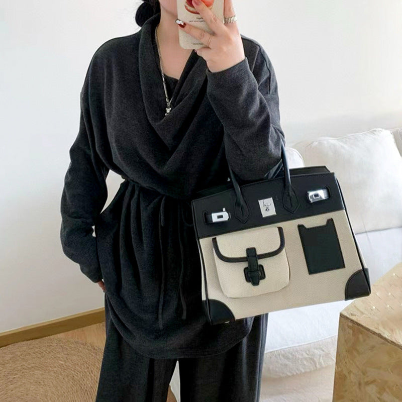 Women's Contrast Color Canvas Stitching Large Bags