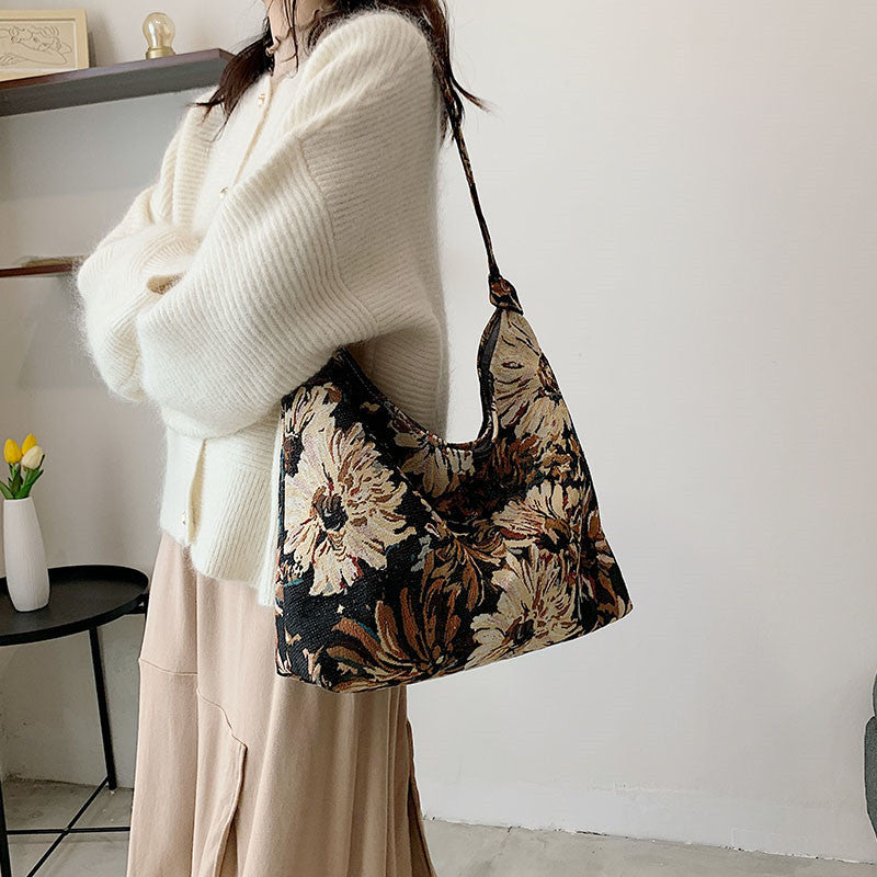 Women's Capacity French Simplicity Canvas Oil Painting Shoulder Bags