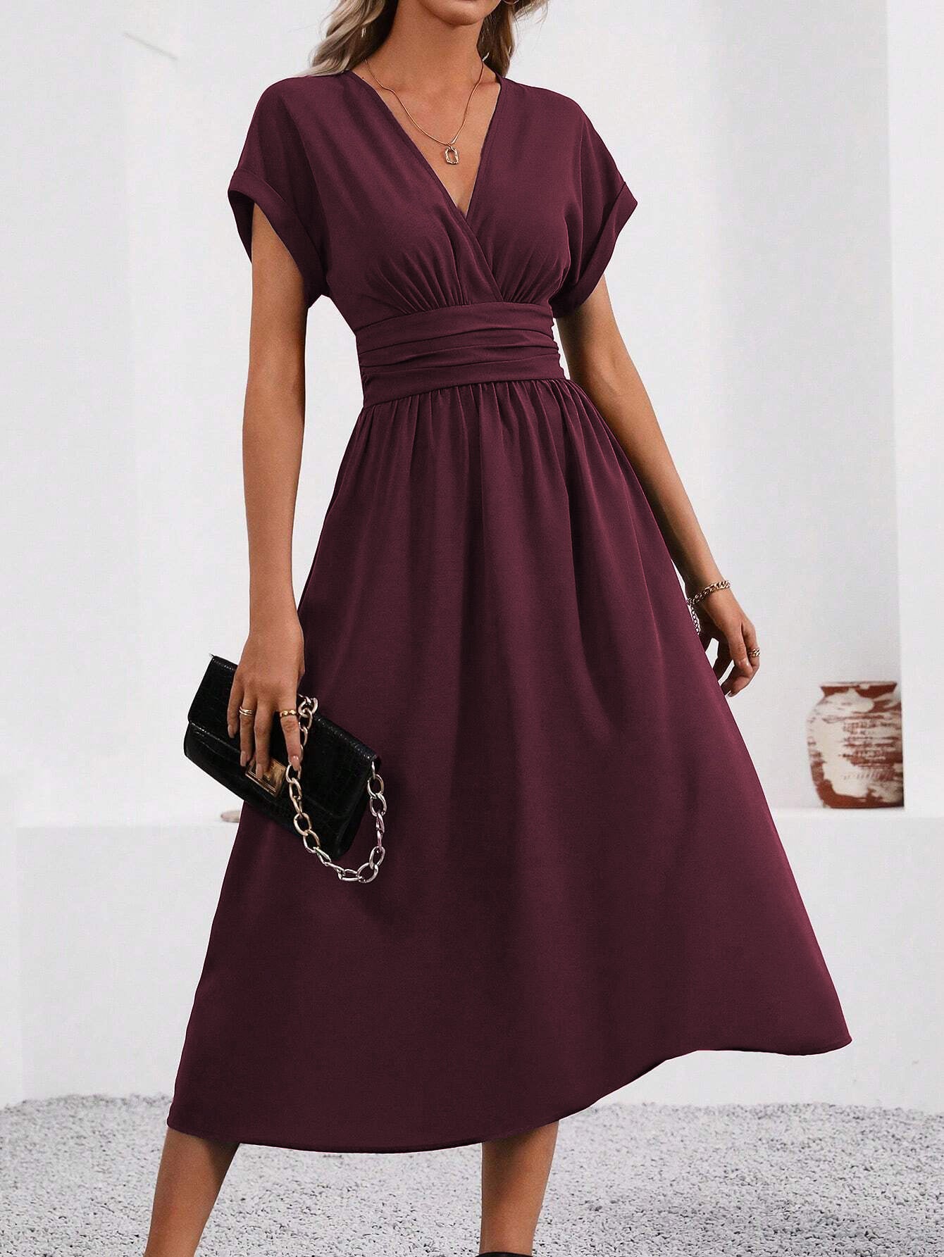 Women's Color Overlapping Batwing Sleeve Waist Pleated Long Dress