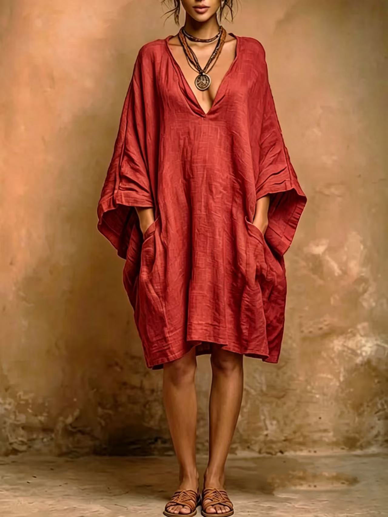 Fashion Imitation Cotton Linen Batwing Shirt Dress