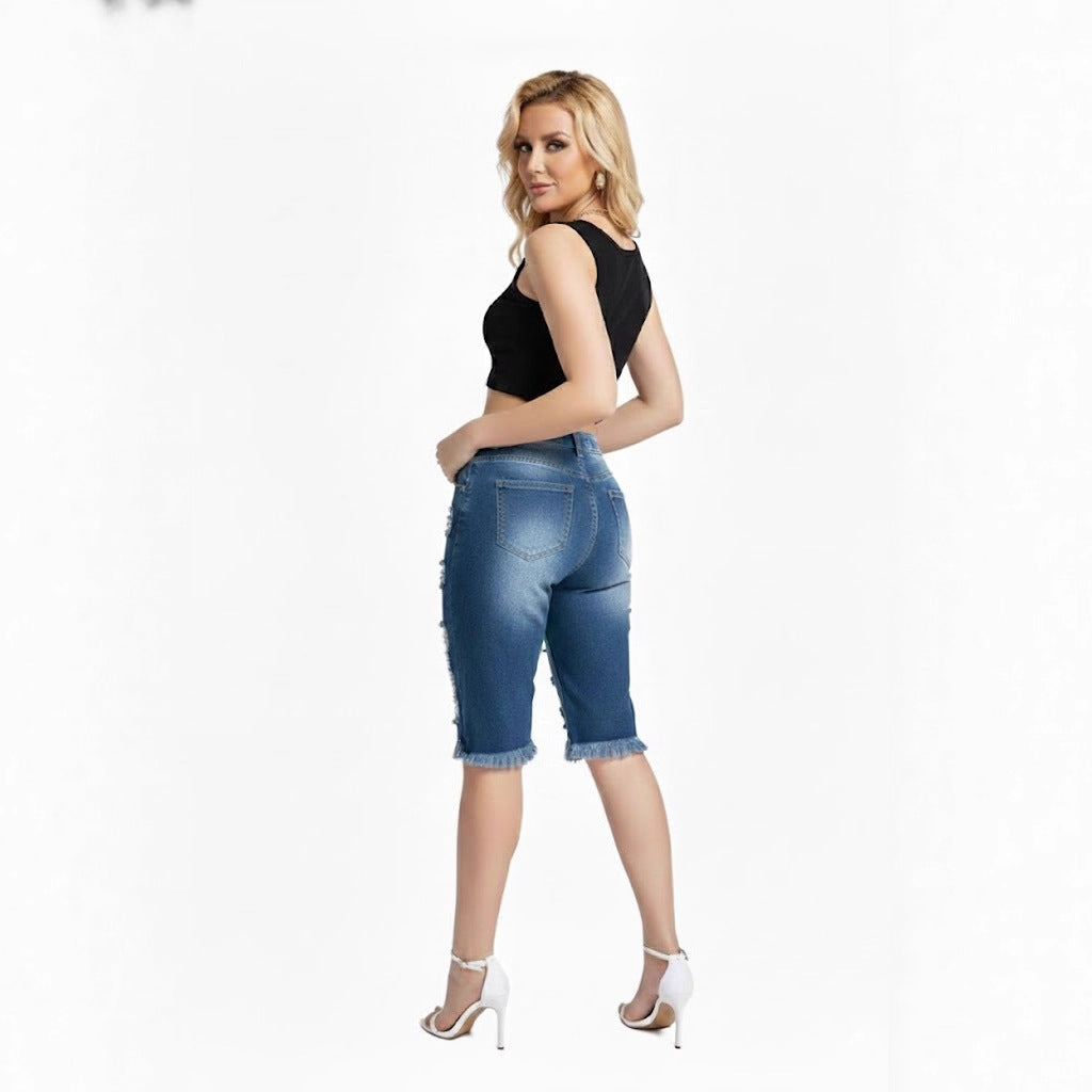 Women's Summer Street Tassel High Stretch Straight Fifth Ripped Jeans
