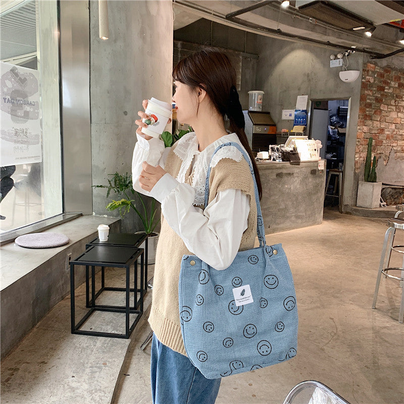 Retro Corduroy Smiley Face Female Class Canvas Tote Bags
