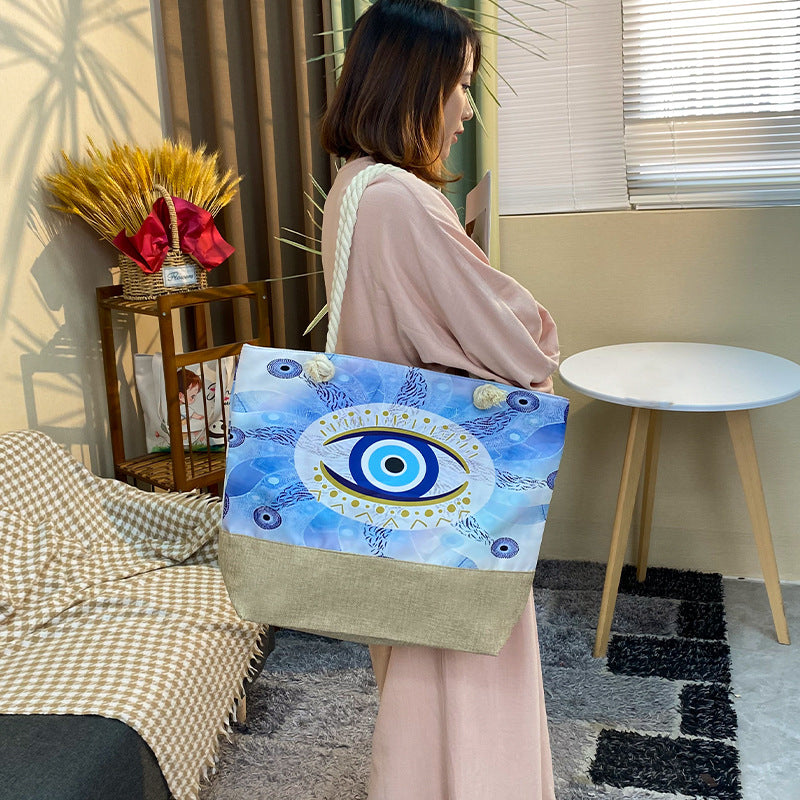 Women's Beach Thick Rope Shopping Evil Eye Stitching Bags