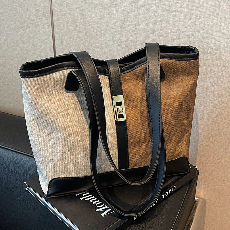 Women's Popular Contrast Color Retro High-grade Large Bags