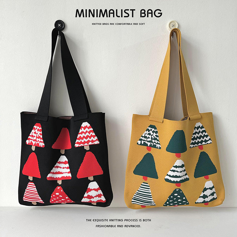 Women's Cartoon Christmas Tree Knitted Versatile Large Shoulder Bags