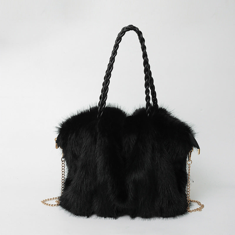Women's Fashion Pleated Imitation Fox Fur Large Shoulder Bags