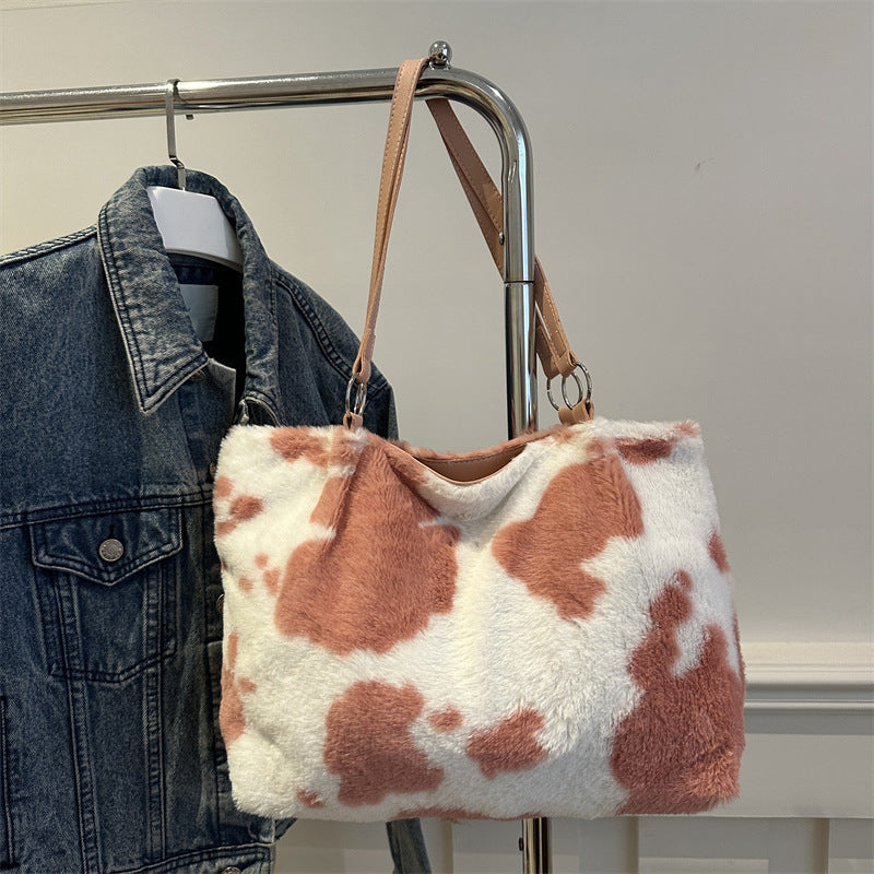 Large Capacity Fur Cute Plush Cows Pattern Western Tote Bags
