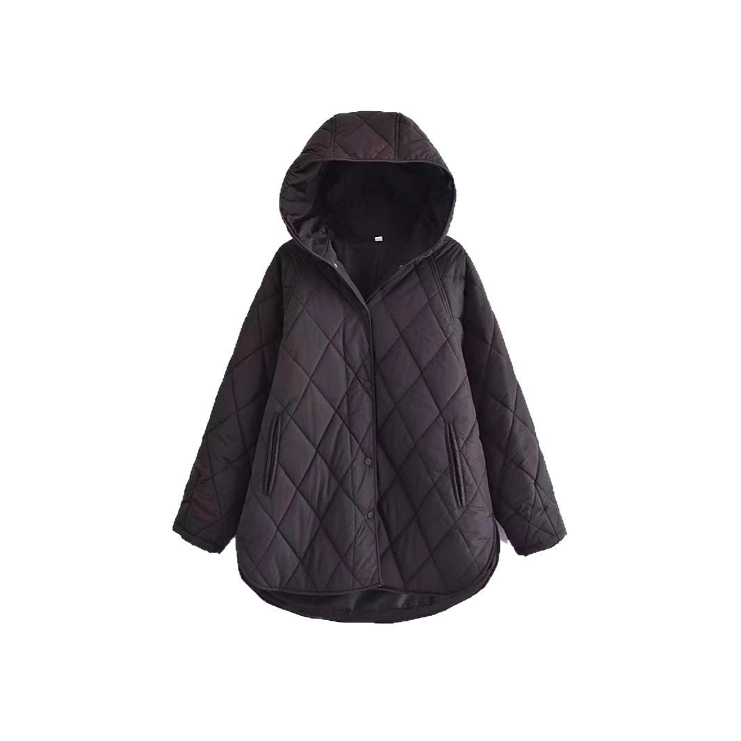 Women's Hooded Rhombus Plaid Quilted Black Coats