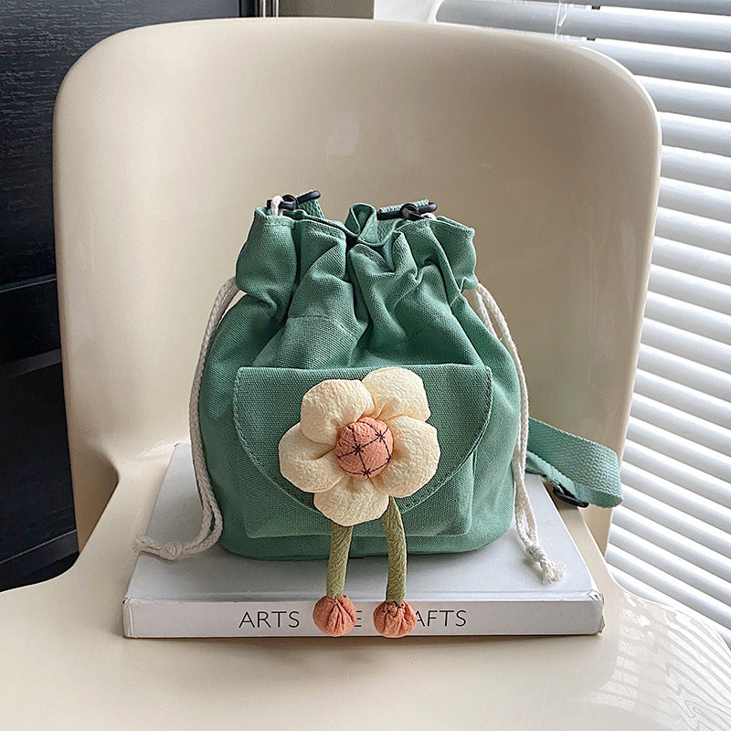 Women's Canvas Western Style Flower Drawstring Korean Shoulder Bags