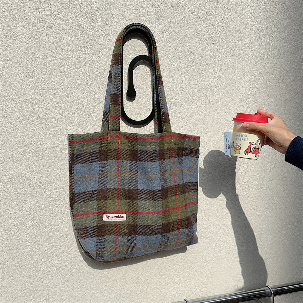 Women's Large Capacity Vintage Woolen Plaid Portable Shoulder Bags